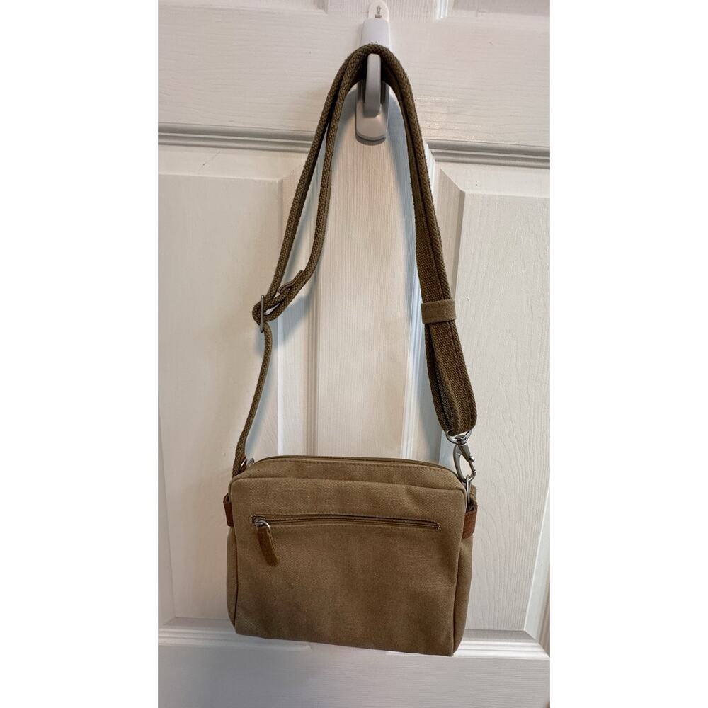 TRAVELON Brown Canvas & Tan Suede Crossbody Shoulder Bag Pockets - Picture 2 of 12